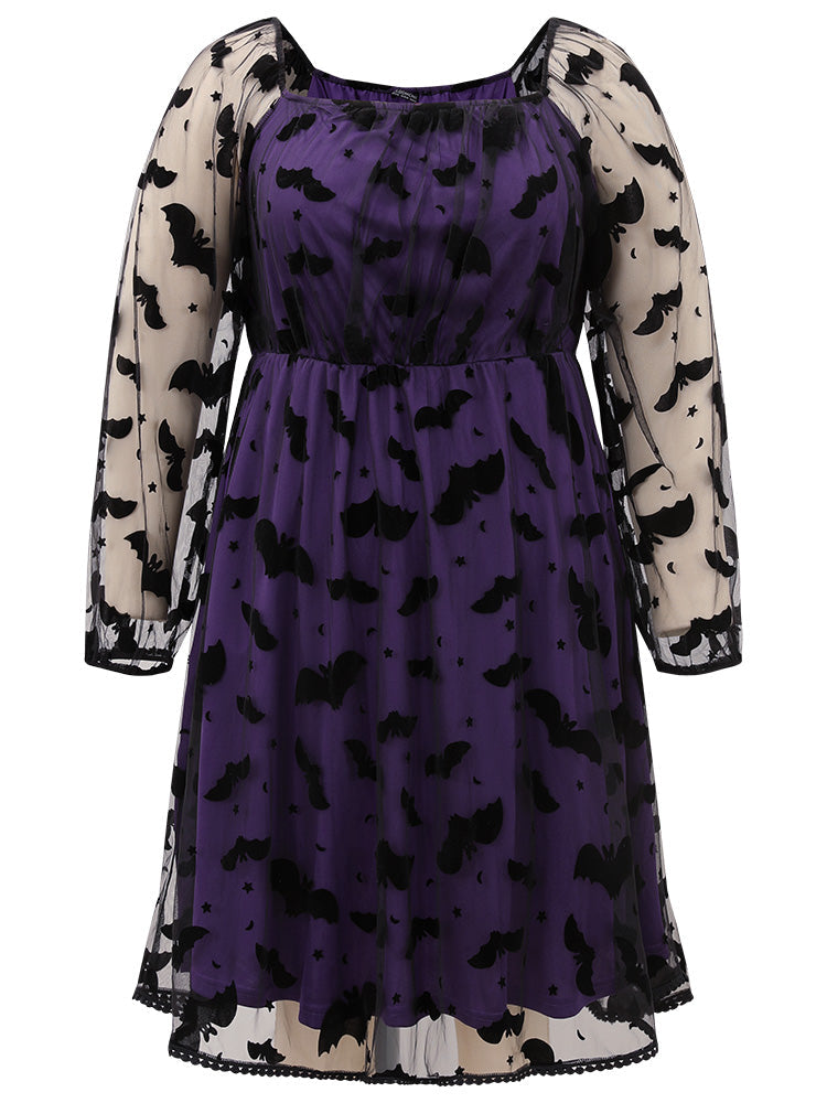 Halloween Bat Pattern Mesh Pompom Trim Dress