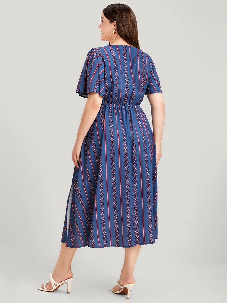 Striped Pocket Split Flutter Wrap Midi Dress