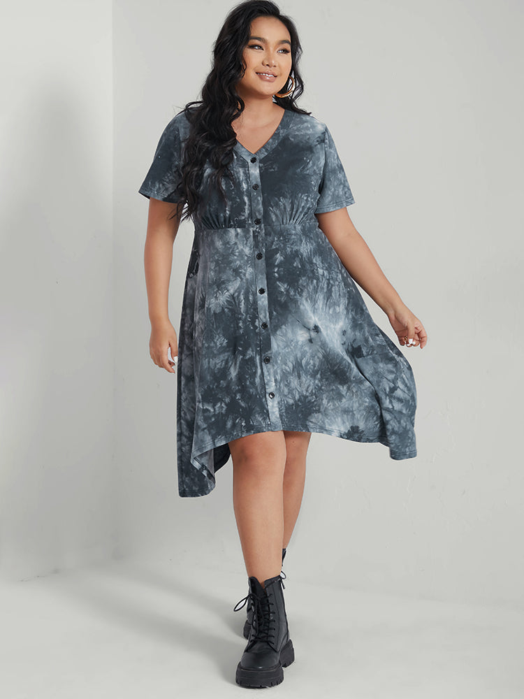 V Neck Tie Dye Button Hanky Hem Dress