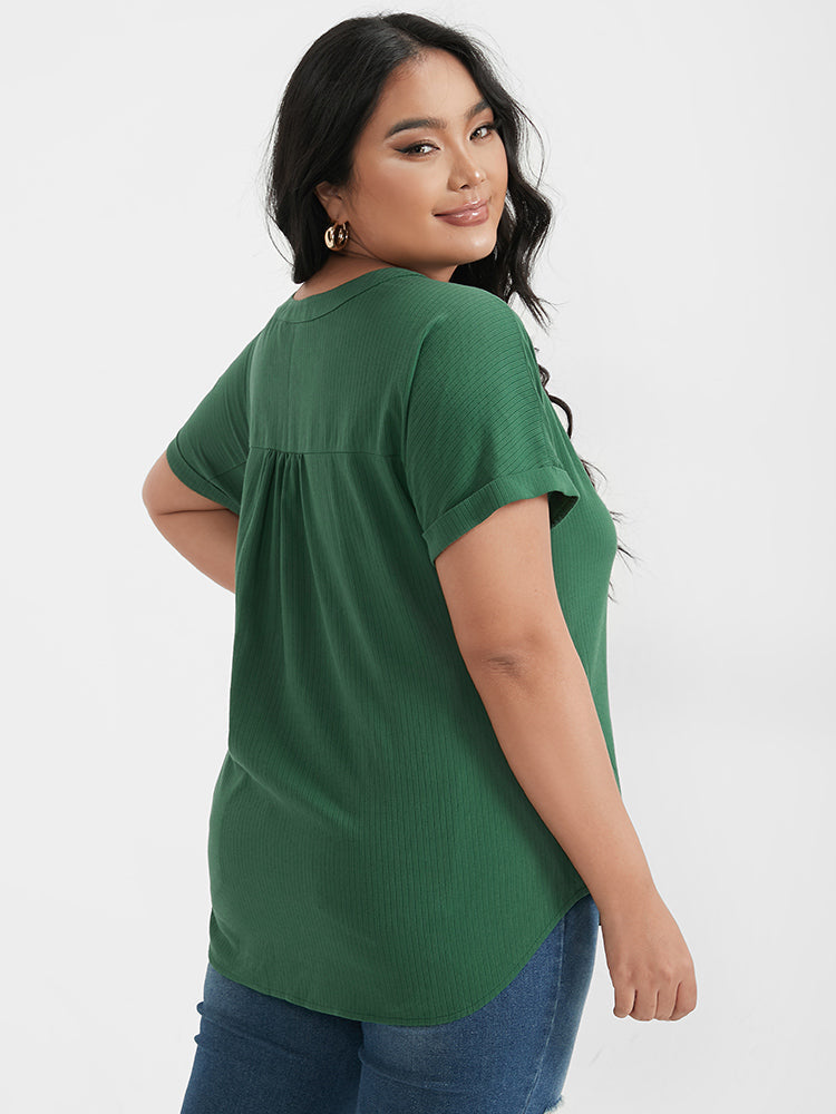 Solid V Neck Half Zipper Rib T-shirt