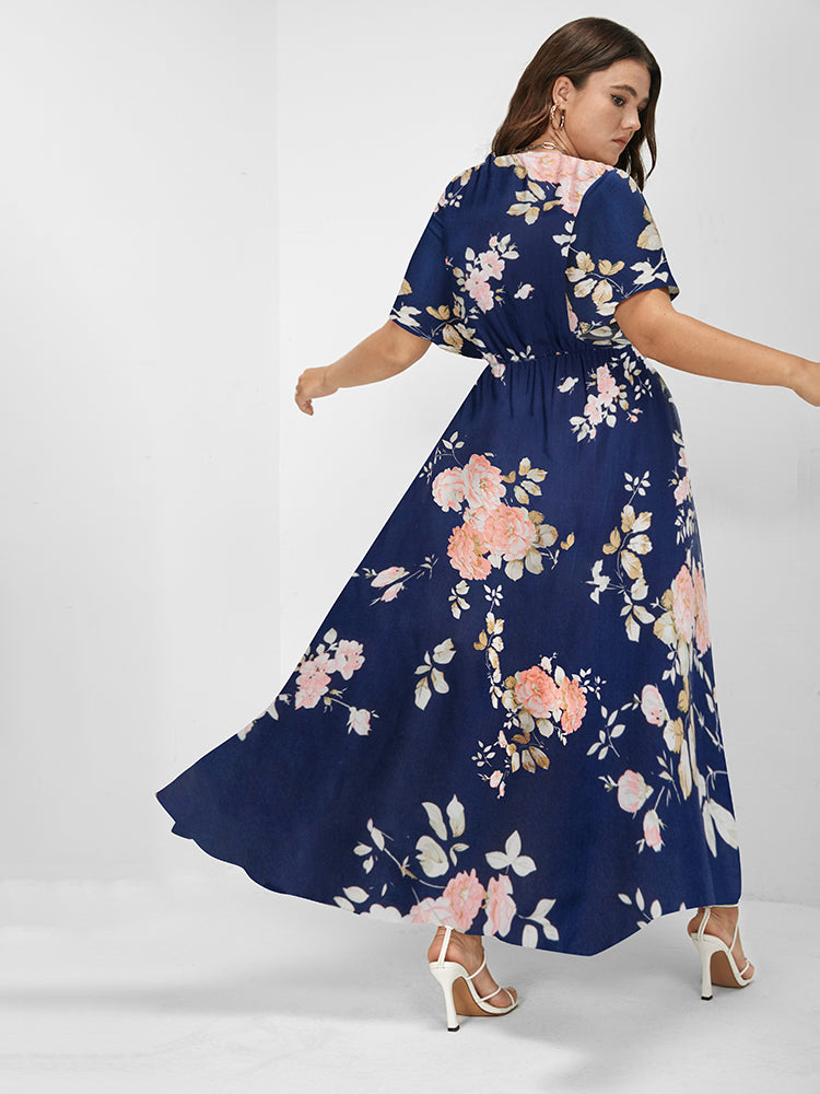 Floral V Neck Flutter Sleeve Split Maxi Dress