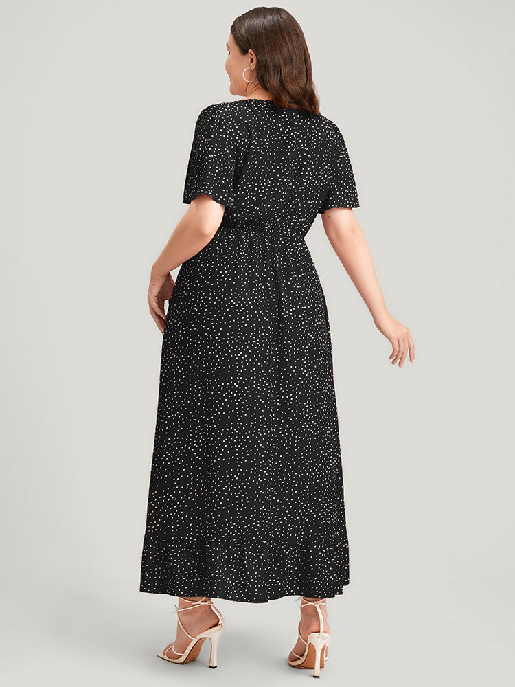 Polka Dot Knotted Button Wrap Ruffles Midi Dress