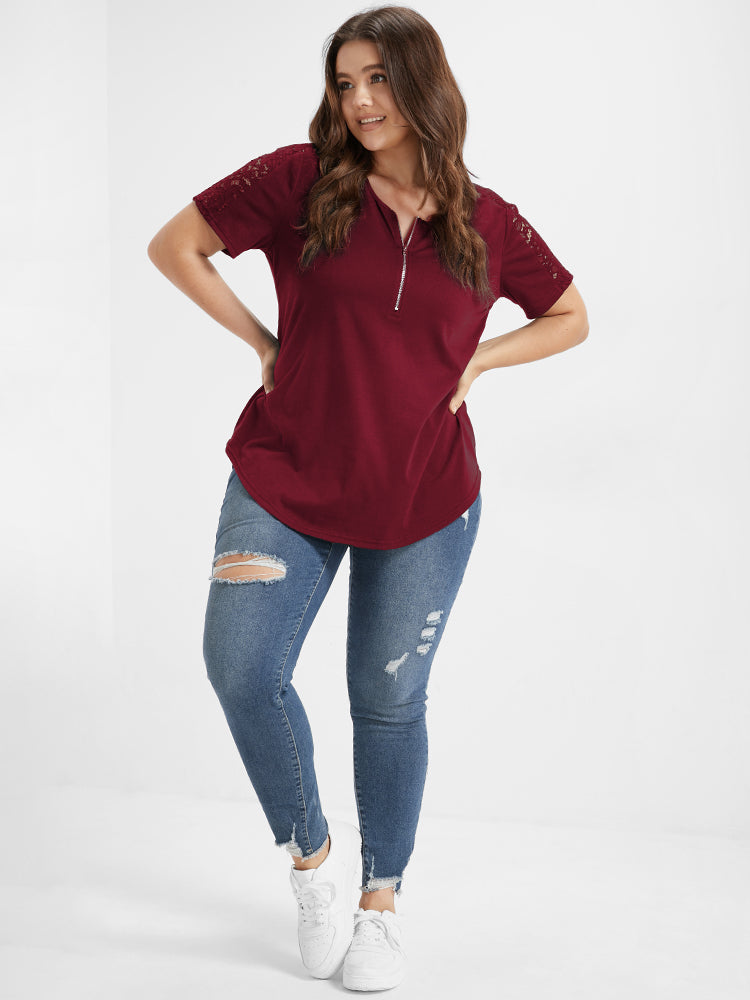 Solid Lace Panel Half Zipper T-shirt