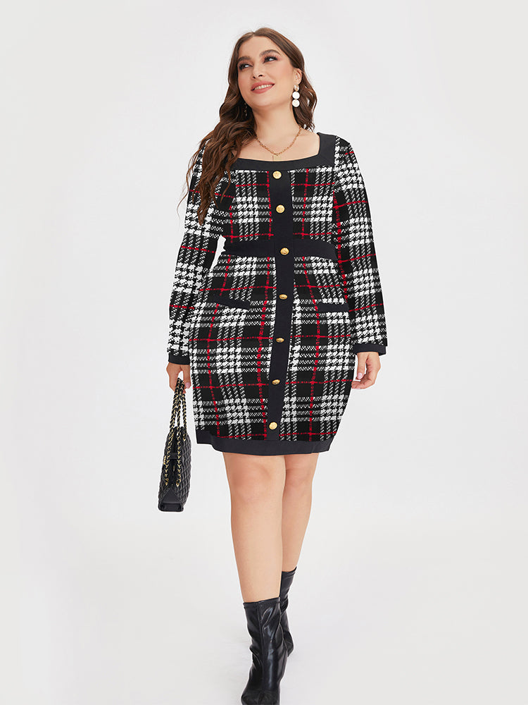 Plaid Square Button Detail Dress