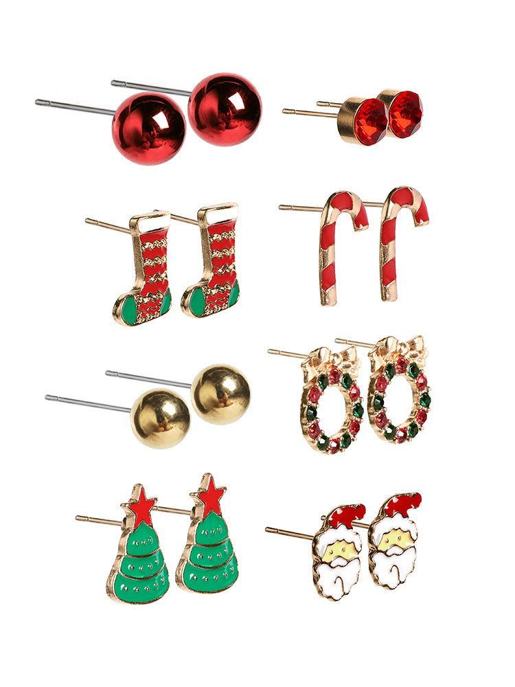 8 Pack Tree & Candy Cane Design Stud Earrings