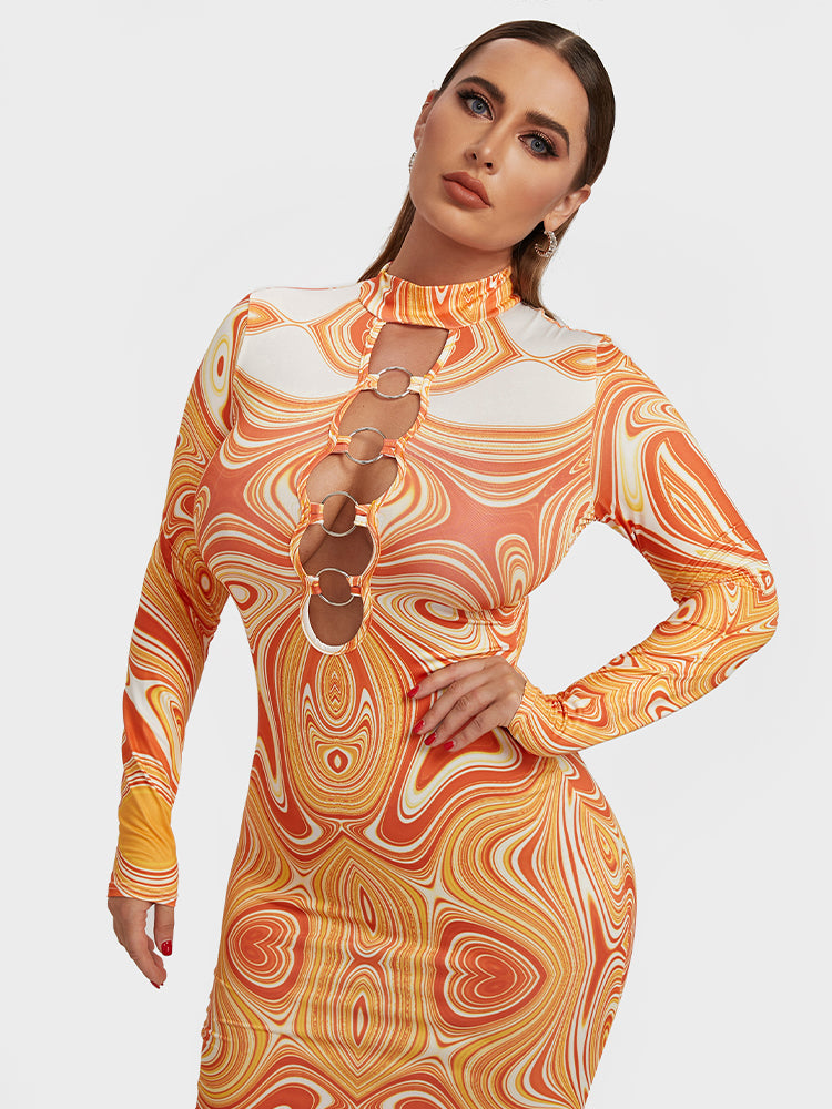 Marble Cut-out O-Ring Bodycon Dress