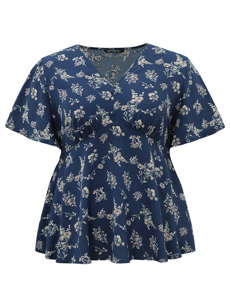 Floral Print Flutter Sleeve Button Detail Blouse