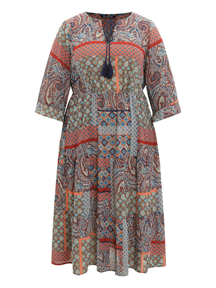 Bandana Knot Neck Tassel Ruffle Sleeve Dress