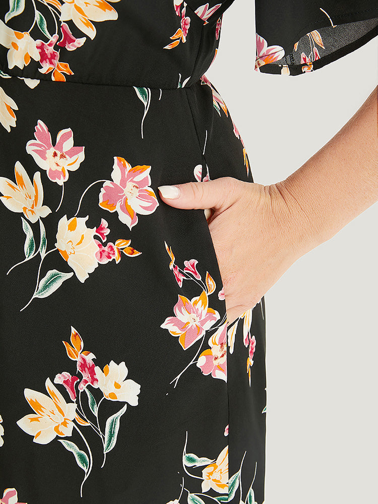 Floral Printed Surplice Neck Pocket Ruffle Sleeve Jumpsuit