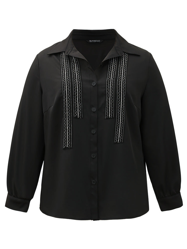 Twill Rhinestone Contrast Webbing Button Through Blouse
