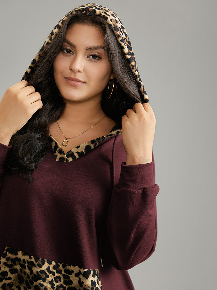 Leopard Patchwork Kangaroo Pocket Hooded Sweatshirt