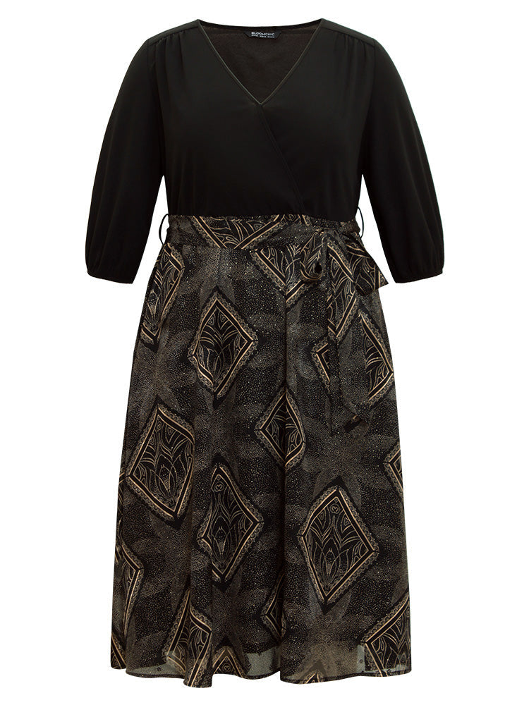 Chiffon Moroccan Print Glitter Belted Overlap Collar Dress