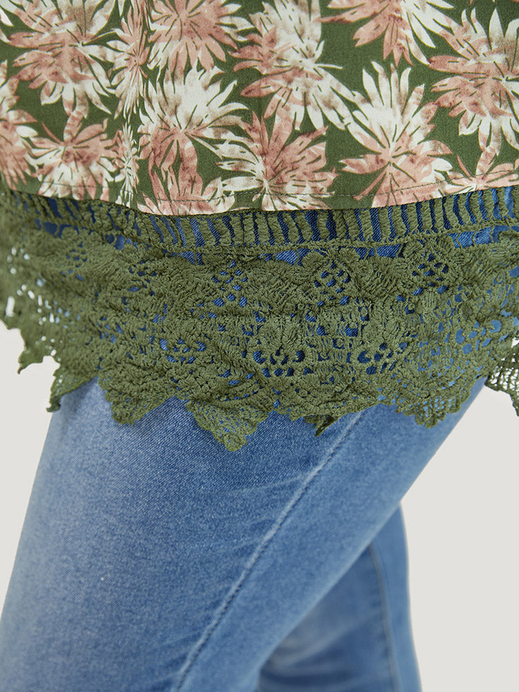 Plant Print Tiered Sleeve Lace Hem Blouse