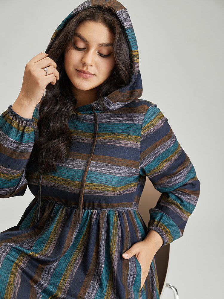 Striped Contrast Ruffle Layered Hem Hooded Dress