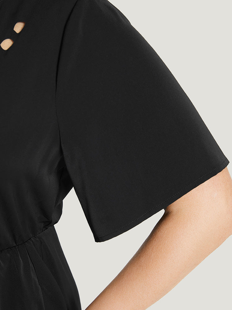 Plain Laser Cut Gathered Pocket Scalloped Trim Knee Dress