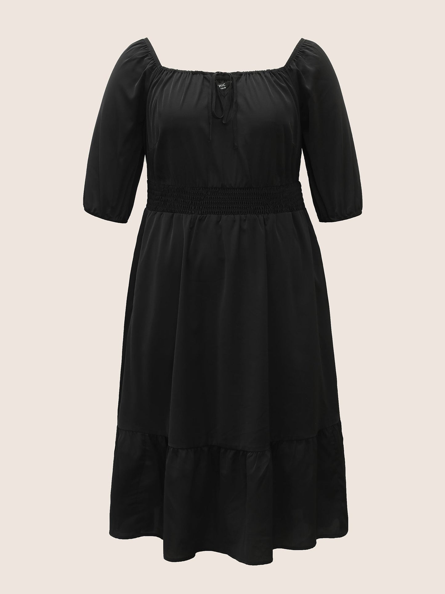 Solid Shirred Knot Neck Patchwork Ruffle Hem Dress