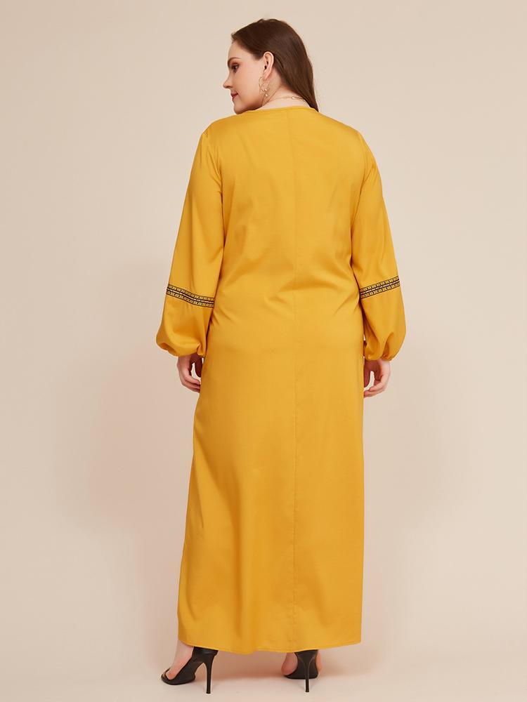 Embroidery V-neck Lantern Sleeve Loose Maxi Dress