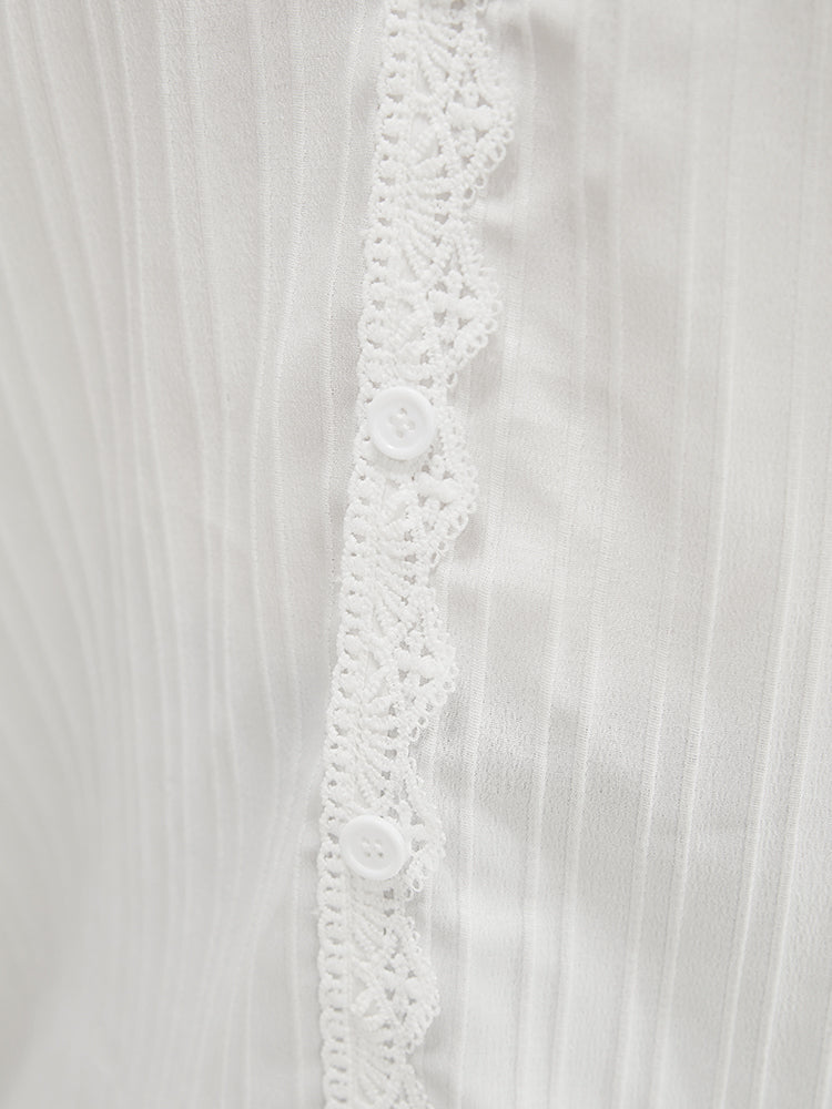 Solid Lace Button Detail Puff Sleeve Blouse