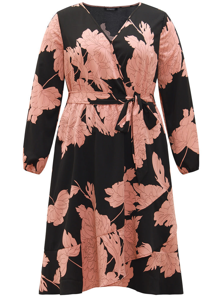 Floral Print Belted Wrap Hem Midi Dress