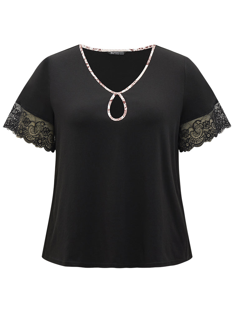 Plain Patchwork Snakeskin Guipure Lace Keyhole Sleep Top
