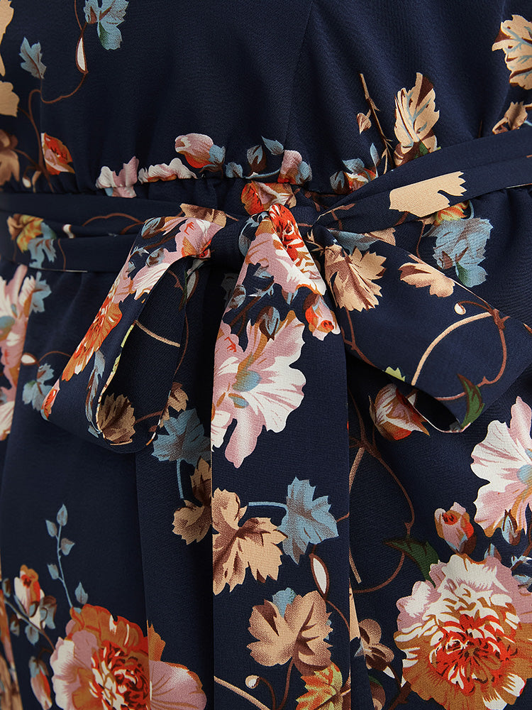 Floral Print Lace Trim Ruffle Cap Sleeve Pocket Romper