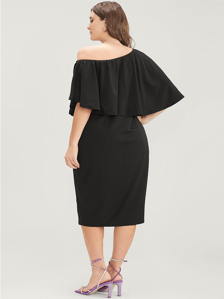 Solid Ruffle Trim One Shoulder Midi Dress