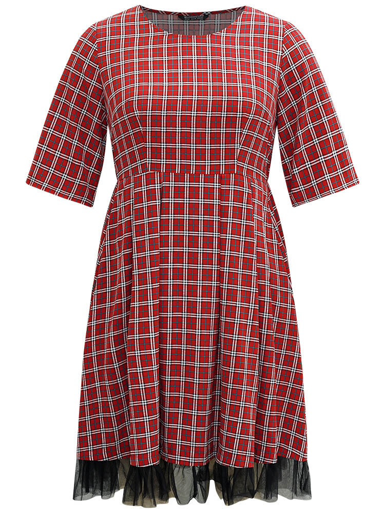 Christmas Plaid Mesh Patchwork Pleated Dress