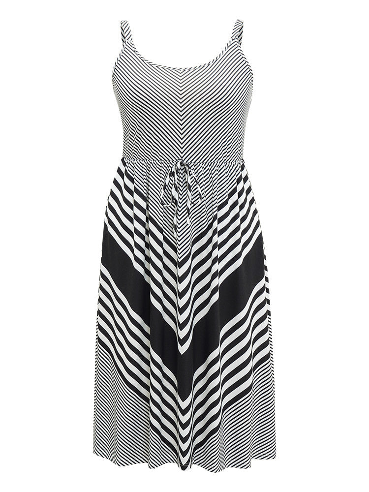 Striped Patchwork Pocket Ties Flutter Hem Cami Dress