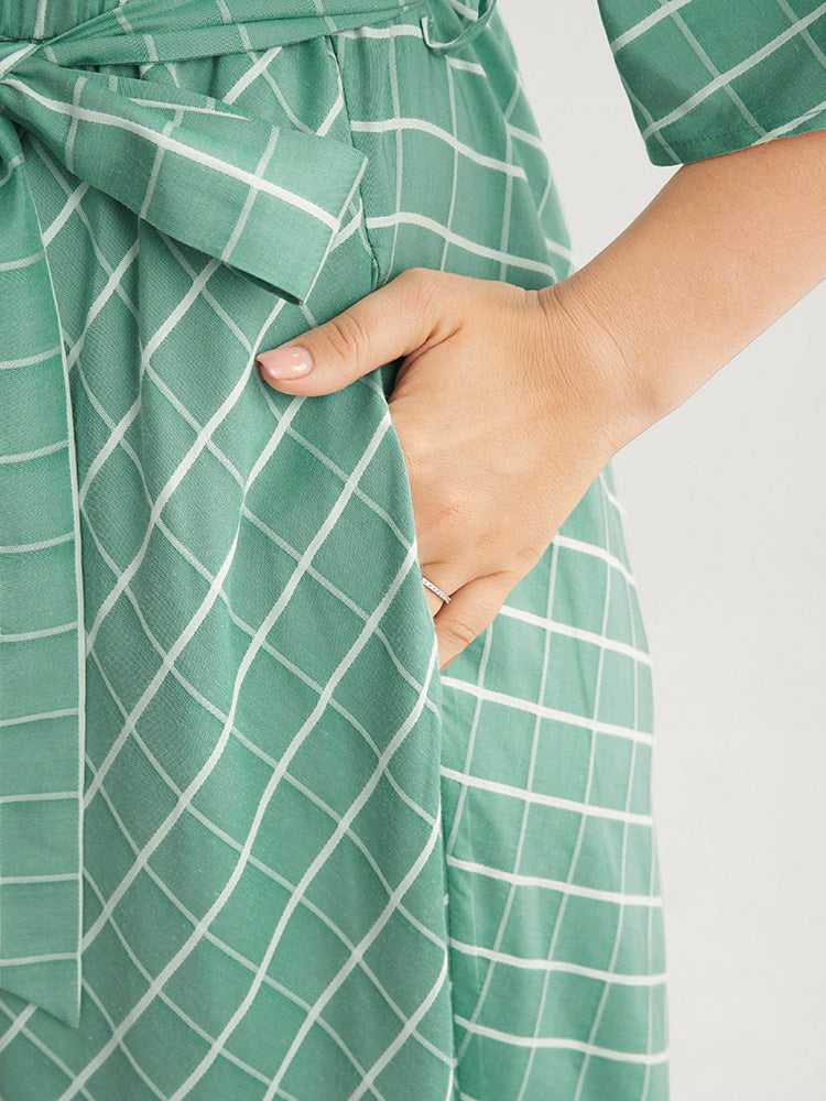 Plaid Dolman Sleeve Notched Neck Pocket Belted Arc Hem Dress