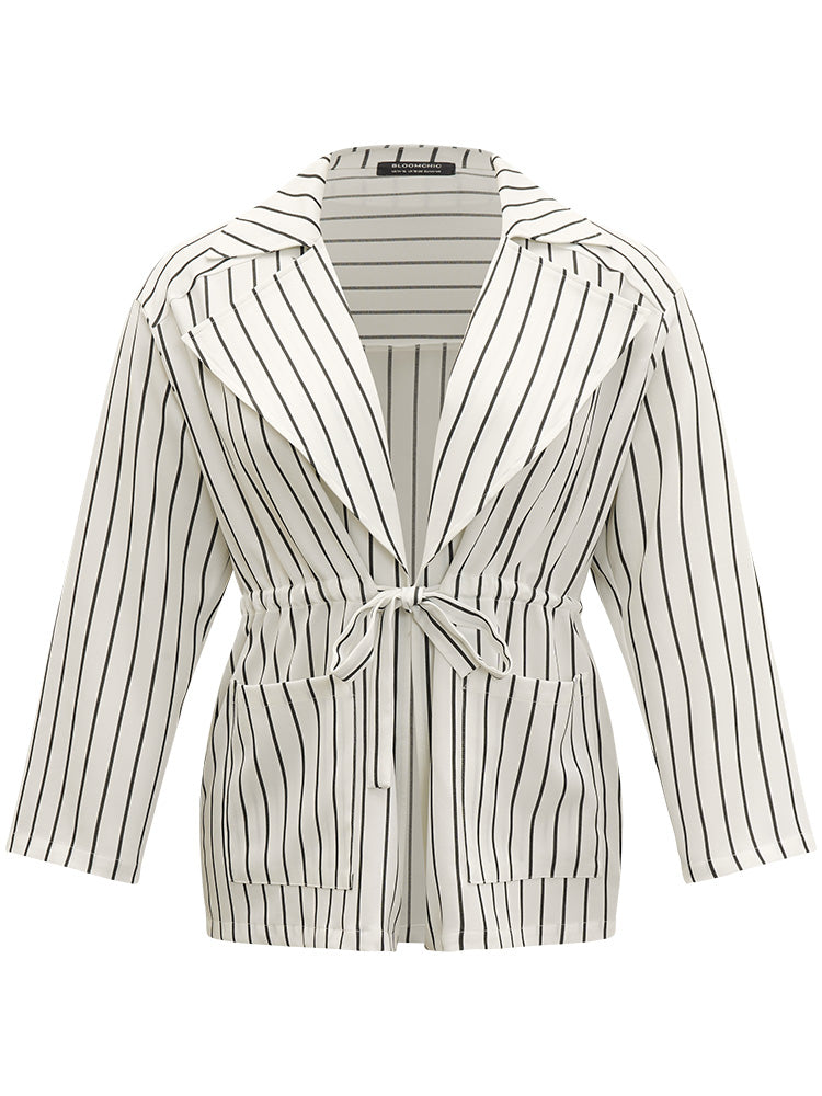 Striped Suit Collar Drawstring Patched Pocket Coat