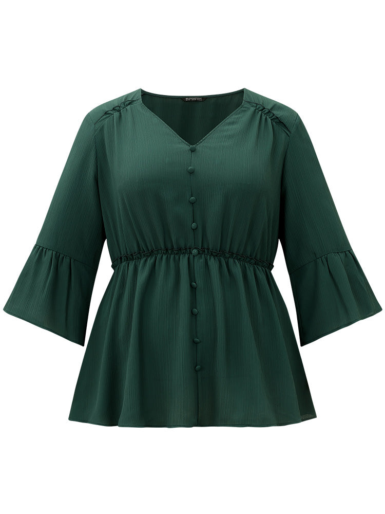 Plisse Button Detail Elastic Waist Blouse