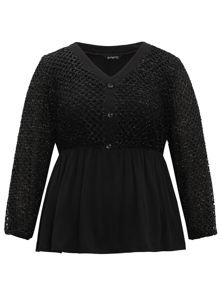 Glitter Mesh Patchwork Lantern Sleeve Blouse
