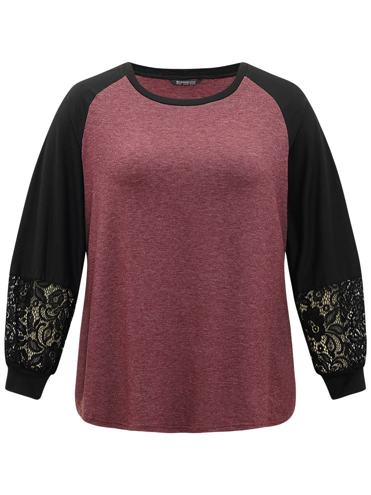 Round Neck Lace Patchwork Raglan Sleeve T-shirt