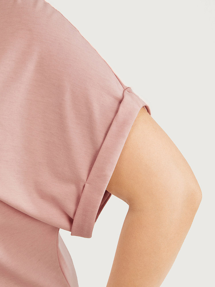 Solid Lace Panel Keyhole Neck Roll Dolman Sleeve T-shirt