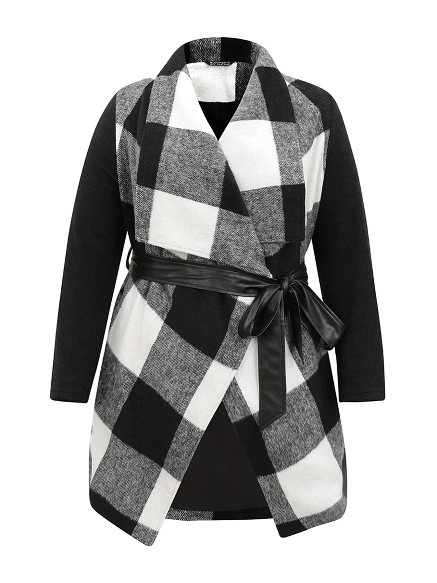 Plaid Lapel Collar PU Leather Belted Coat