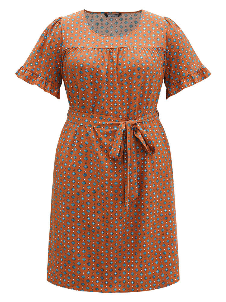 Bandana Print Flutter Trim Pocket Belted Dress