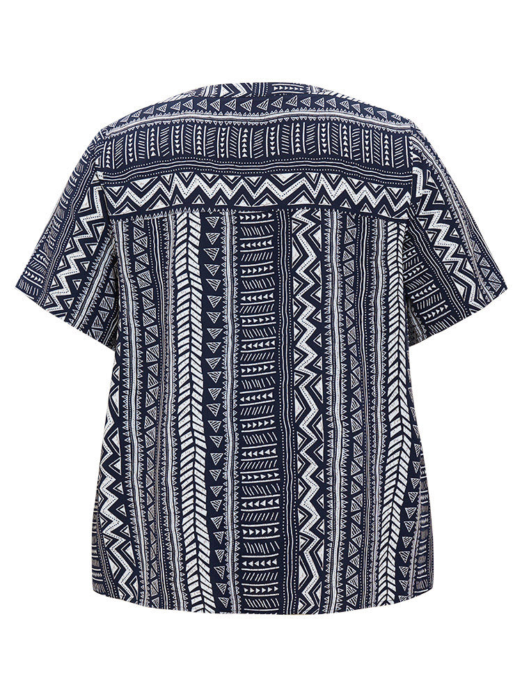 Geometric Print Notched Neck Blouse