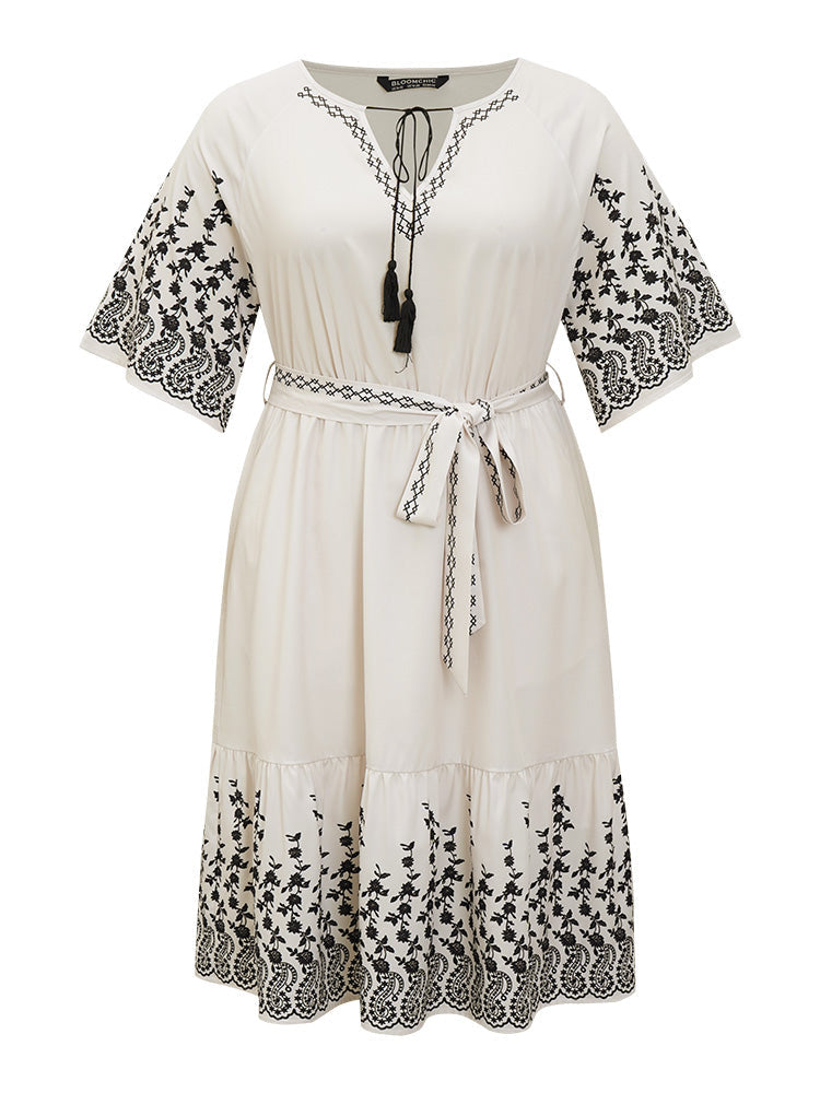 Bandana Tassels Pocket Belted Ruffle Knot Neck Midi Dress