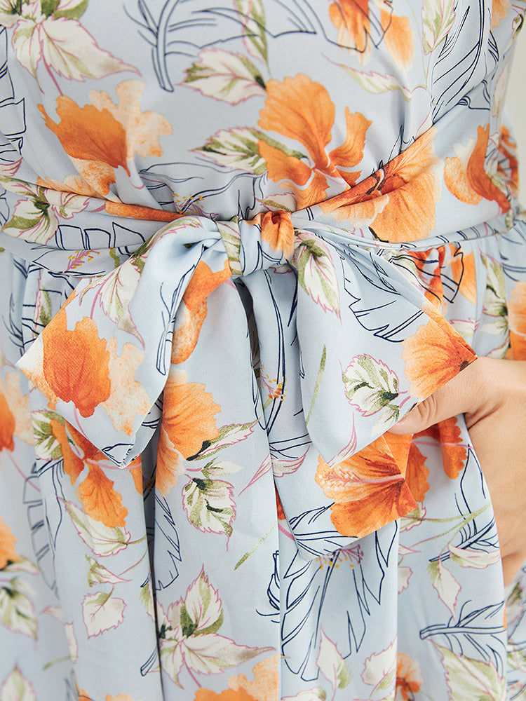 Floral Flutter Hem Knot Front Spaghetti Strap Dress