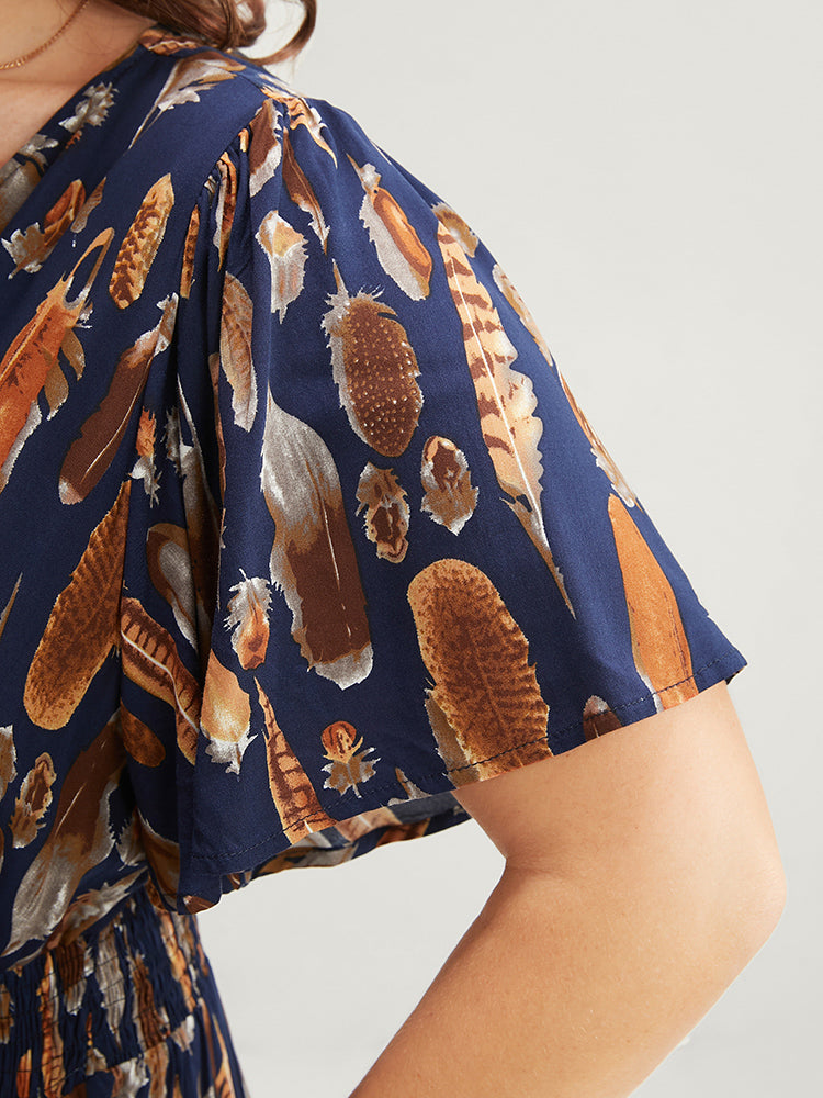 Animal Print Shirred Pocket Wrap Split Flutter Hem Dress