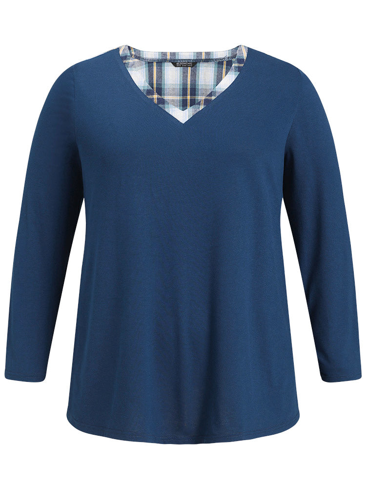 Plaid Patchwork V Neck Split Side T-shirt