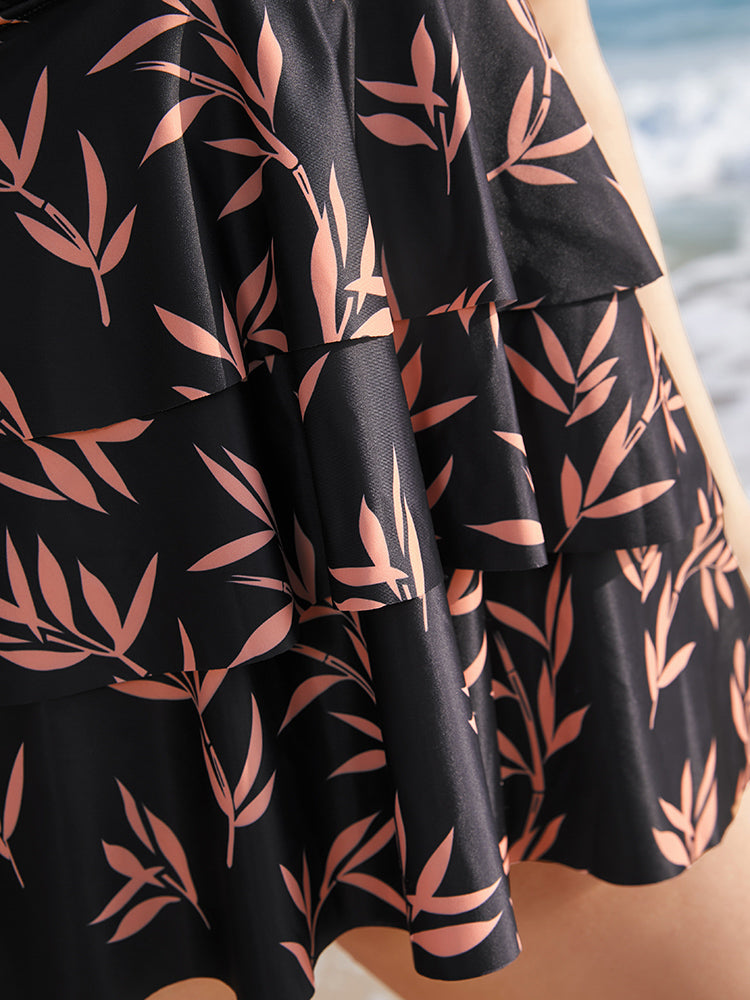Plant Print Ruffle Tiered Tankini Top