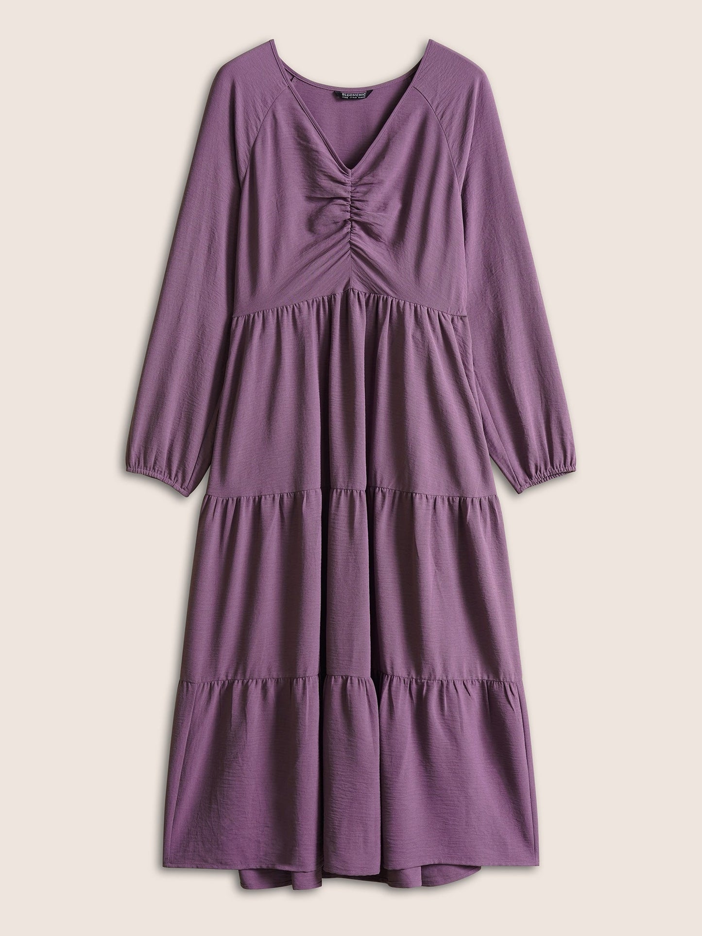 Solid Ruched Raglan Sleeve Layered Hem Dress