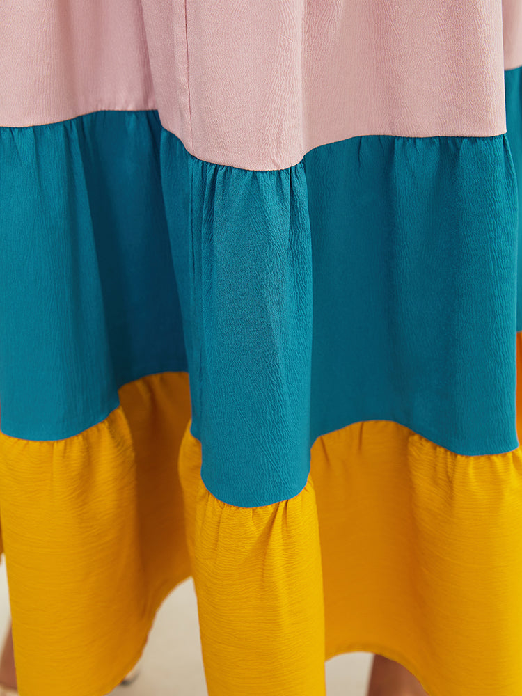 Colorblock Contrast Ruffle Tiered Pocket Tassels Tie Shoulder Dress