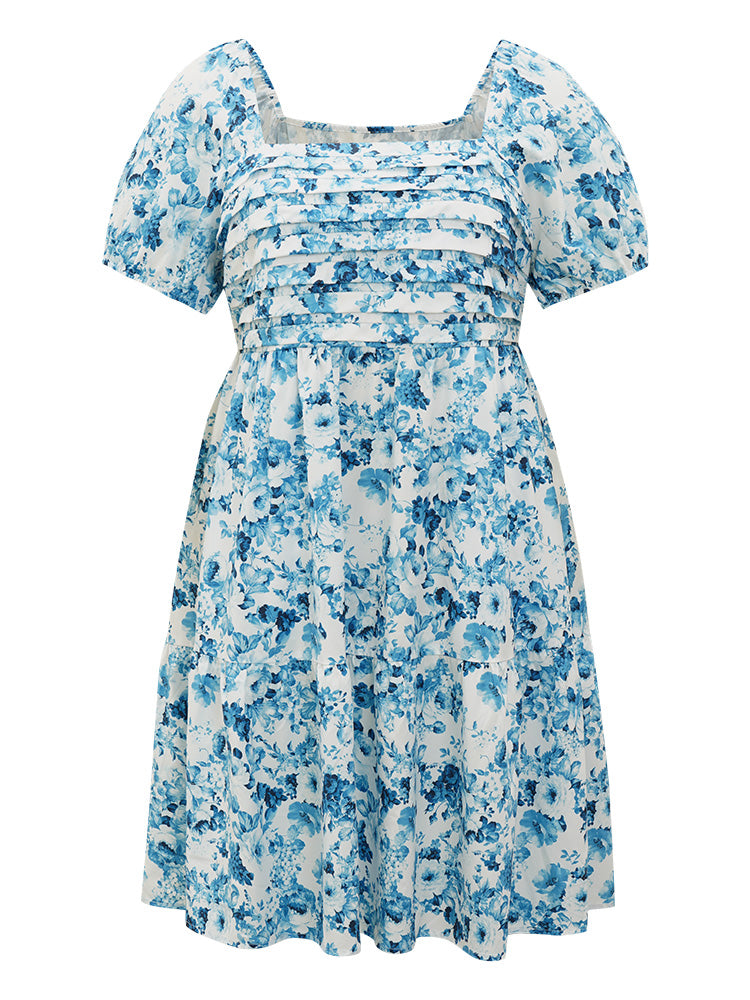 Batik Plicated Detail Square Neck Puff Sleeve Dress