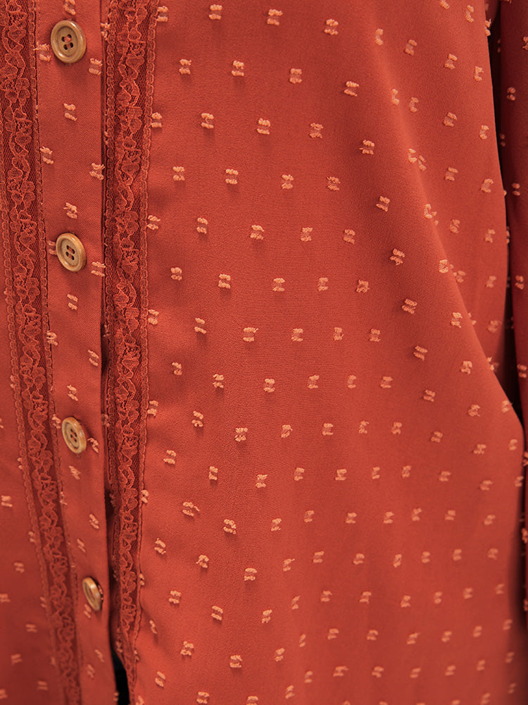 Polka Dot Lantern Sleeve Lace Button Down Blouse
