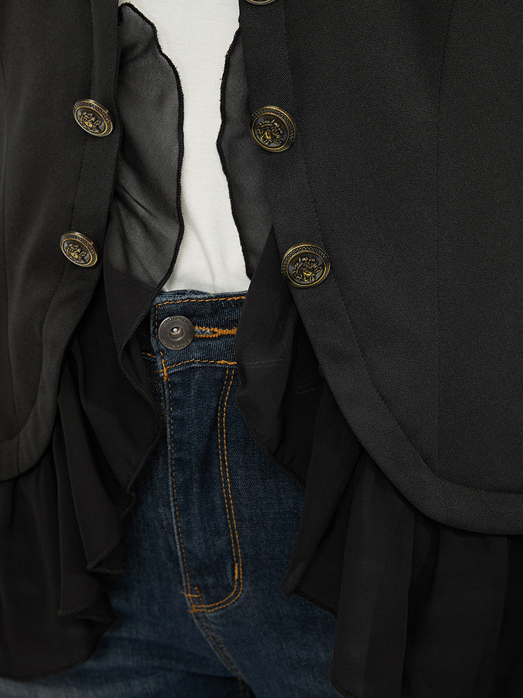 Plain Ruffle Trim Button Detail Open Front Coat