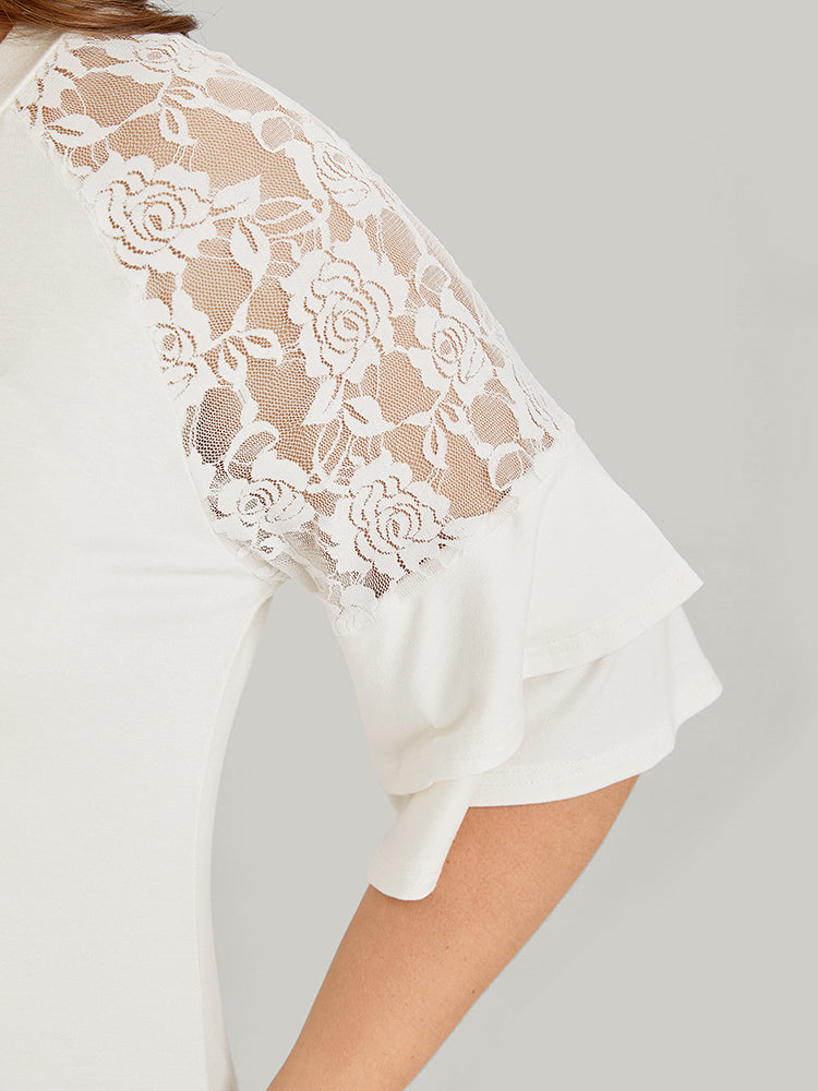 Plain Lace Mesh Round Neck Ruffle Sleeve T-shirt