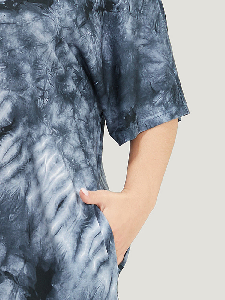 Tie Dye V Neck Pocket Batwing Sleeve Fringe Hem Dress