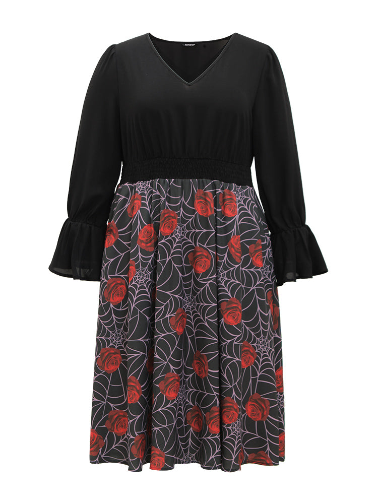 Halloween Rose Ruffles Shirred Elastic Waist Dress